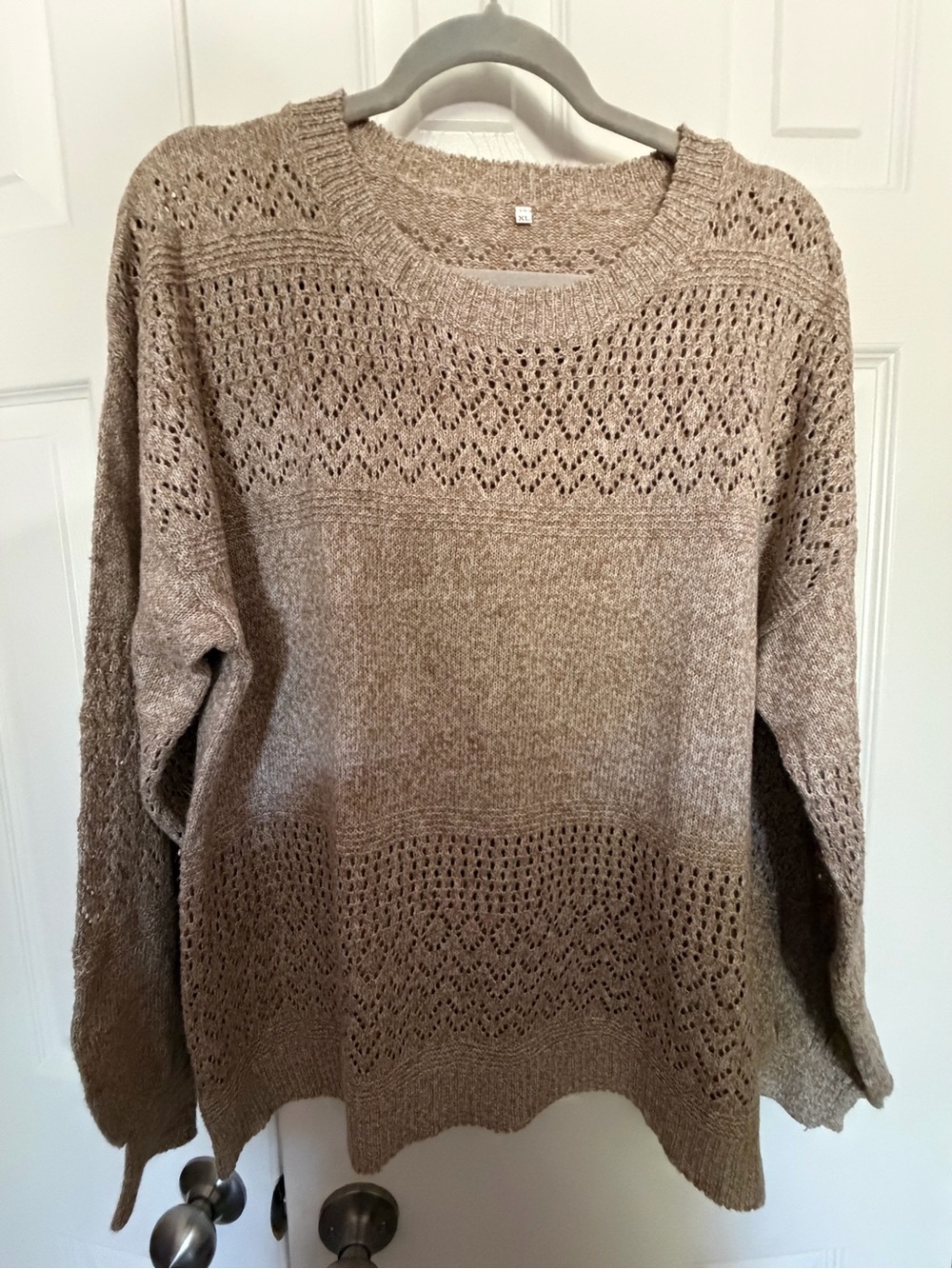 Cozy Openwork Crewneck Sweater in Taupe